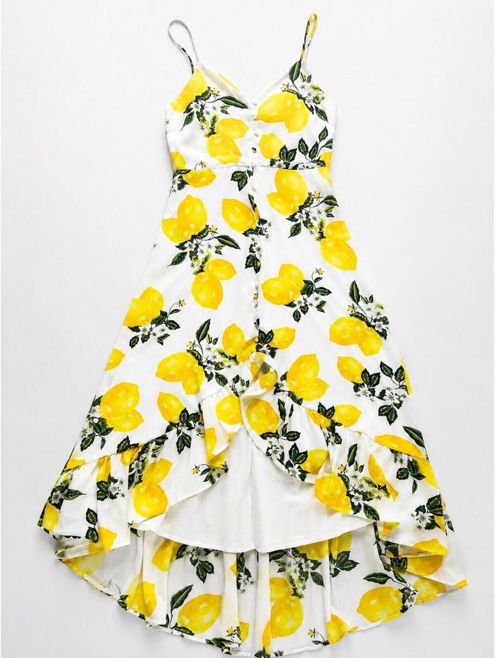 LULUS Women Hi Lo Lemon Pattern Zip Back Maxi Dress Sz XS White Yellow